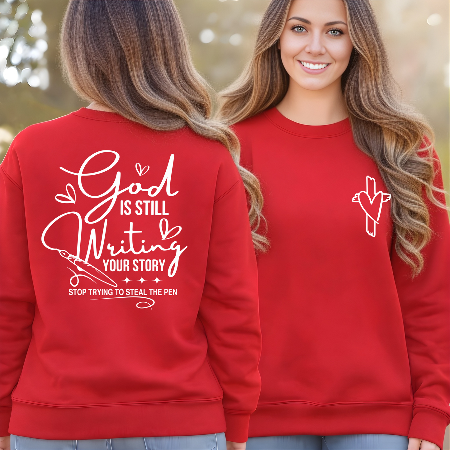 Red Christian hoodie back view featuring God Is Still Writing Your Story faith design