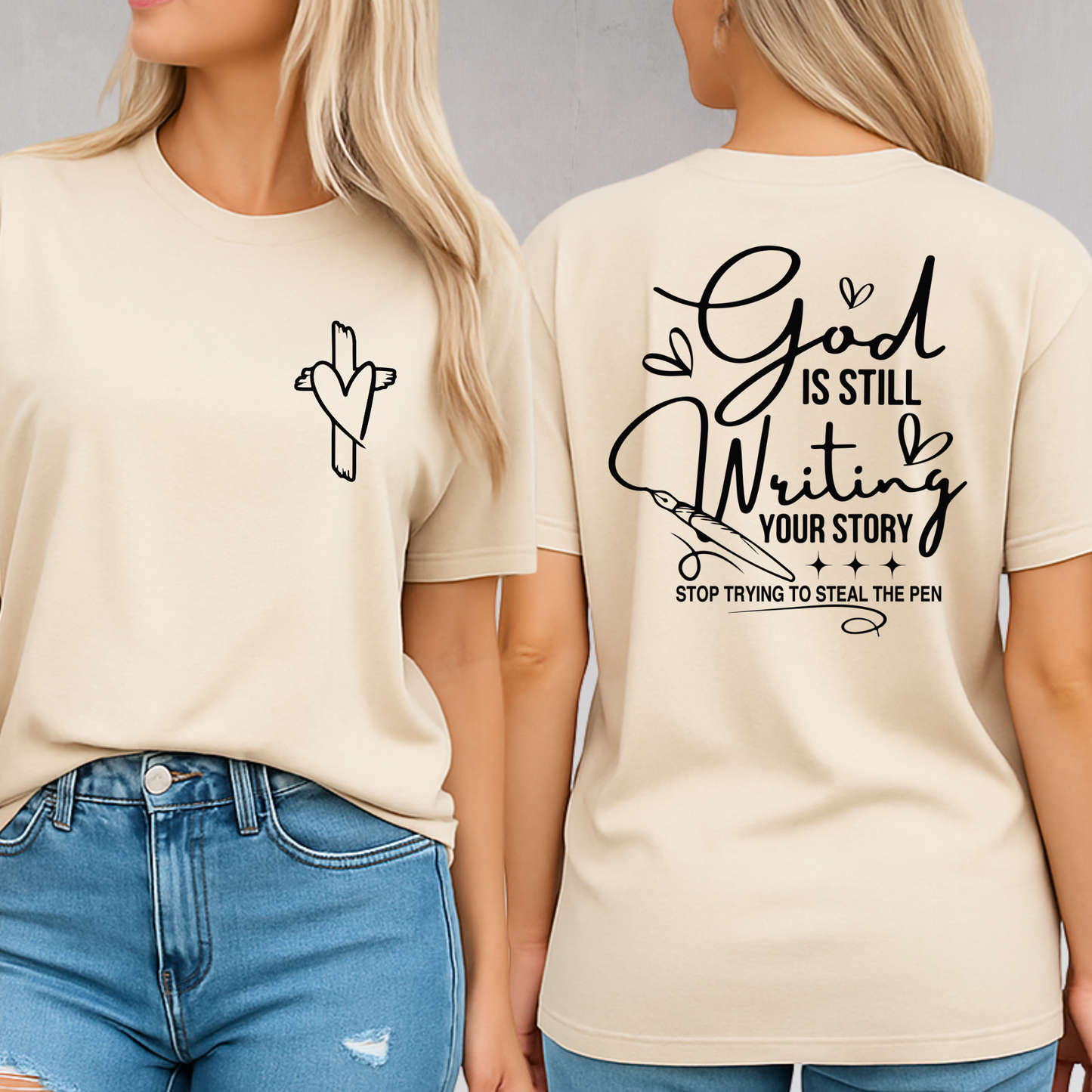 Cream Christian t-shirt front and back view with cross heart chest print and faith quote on back