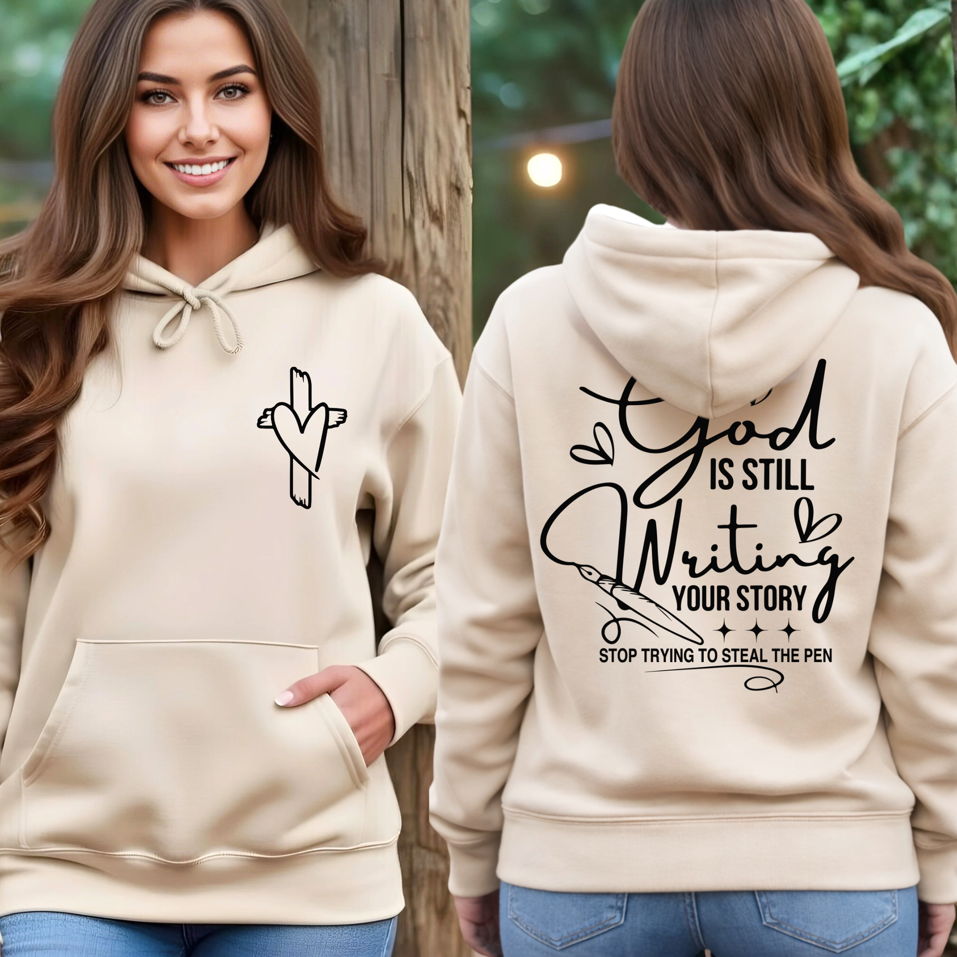 Cream Christian hoodie front and back showing cross heart detail and God Is Still Writing Your Story design