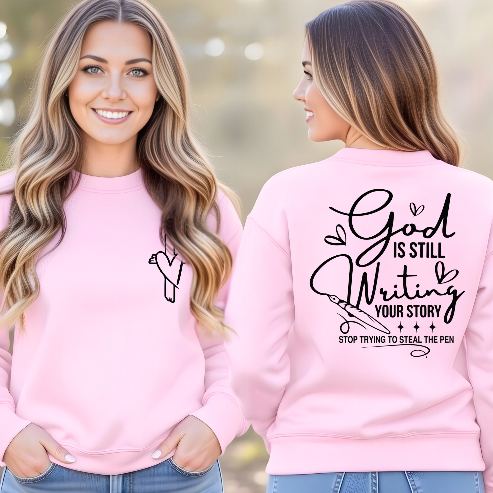 Light pink Christian sweatshirt front and back showing faith quote and cross heart detail