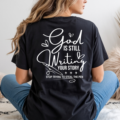 Person wearing a black t-shirt with a motivational quote on the back.