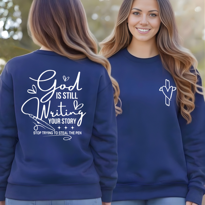 Navy Blue Christian sweatshirt front and back showing faith quote and cross heart detail