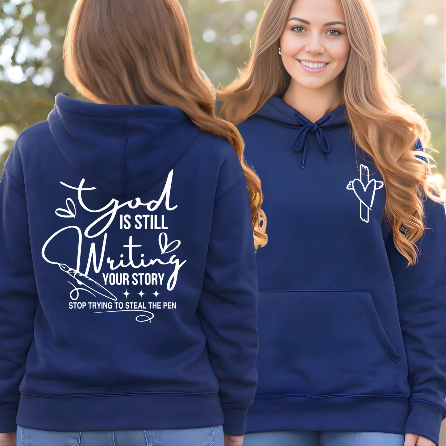 Navy Christian hoodie back view featuring God Is Still Writing Your Story faith design
