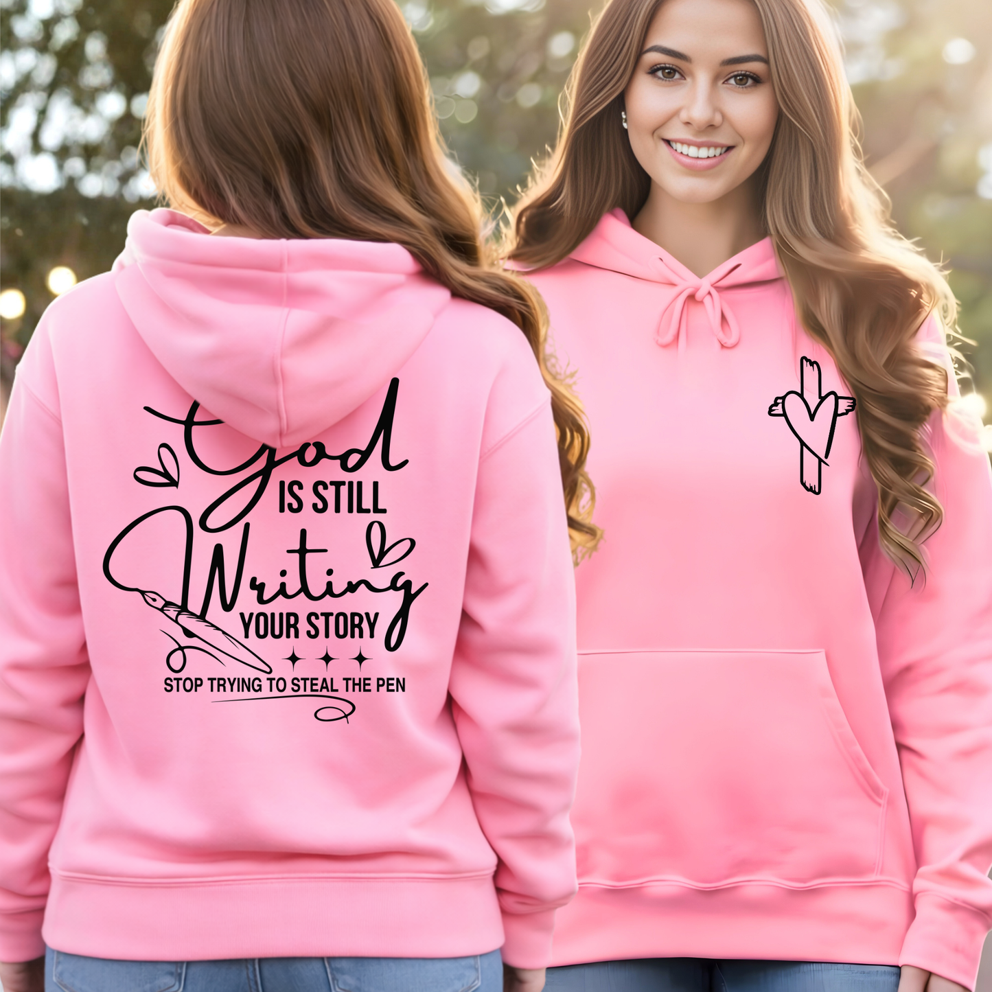Light pink Christian hoodie with cross heart chest design, women’s unisex fit