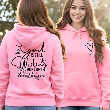 Light pink Christian hoodie with cross heart chest design, women’s unisex fit