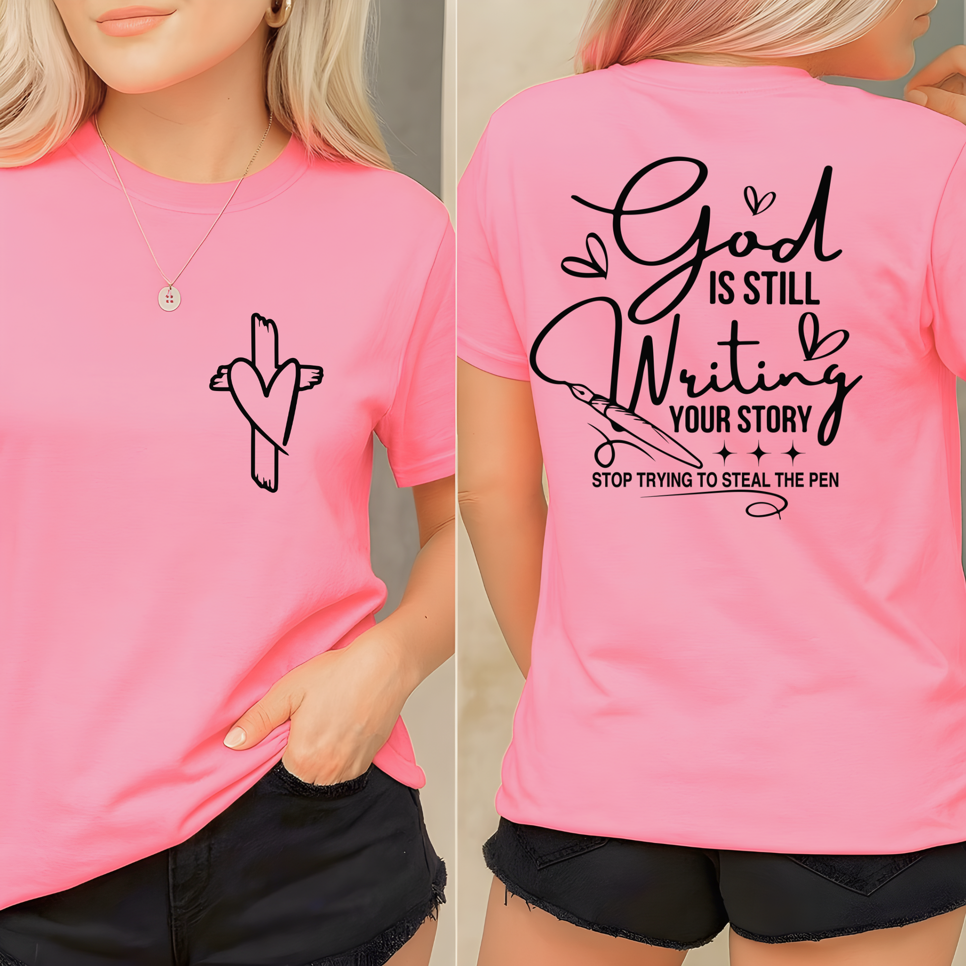 Pink t-shirt with a design on the front and text on the back, worn by a person.
