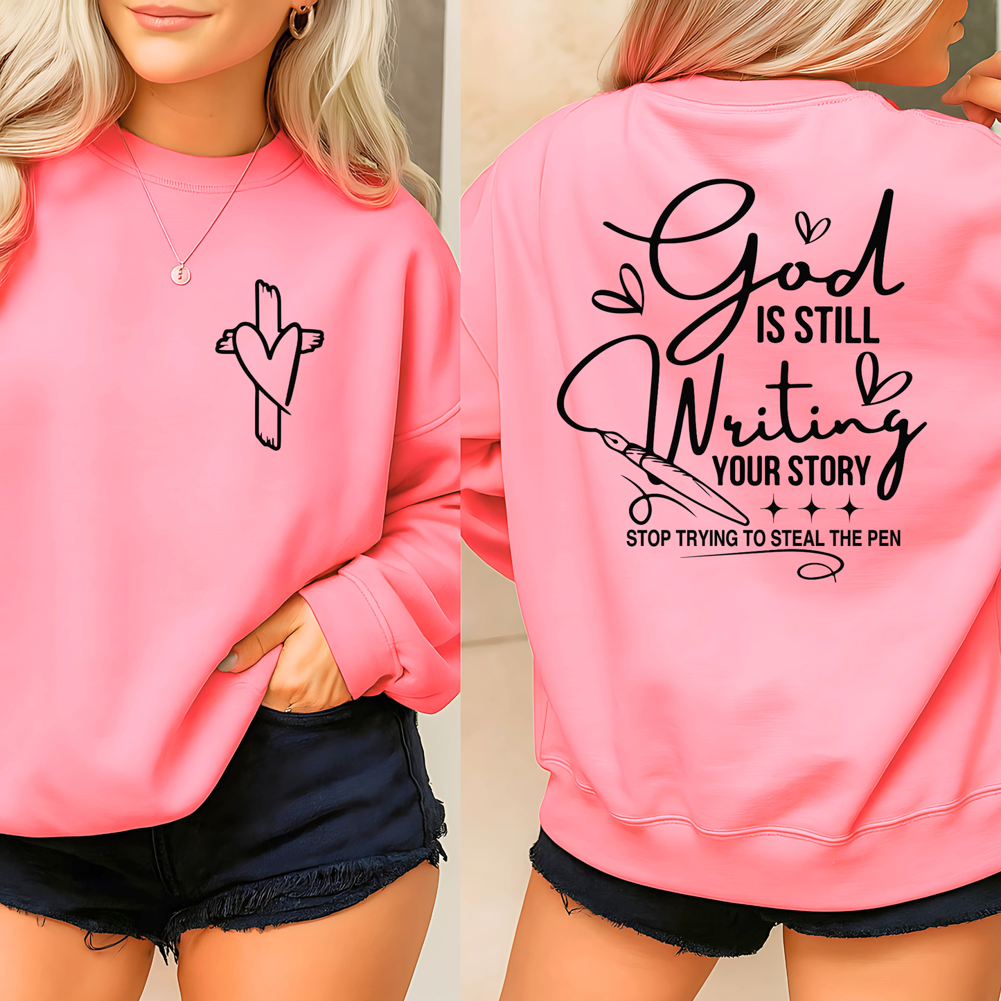 Light pink Christian sweatshirt front and back showing faith quote and cross heart detail