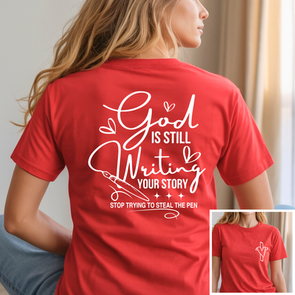 Red t-shirt with motivational quote on the back worn by a person, with an inset showing the front design.
