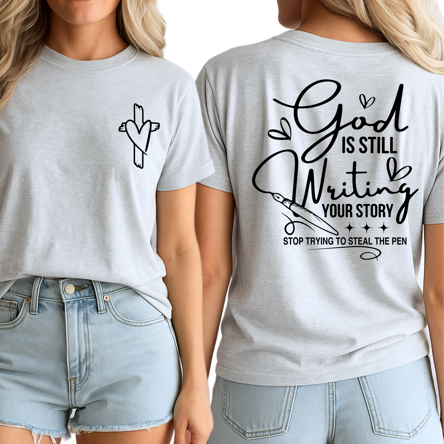 Heather gray Christian quote shirt styled with denim shorts