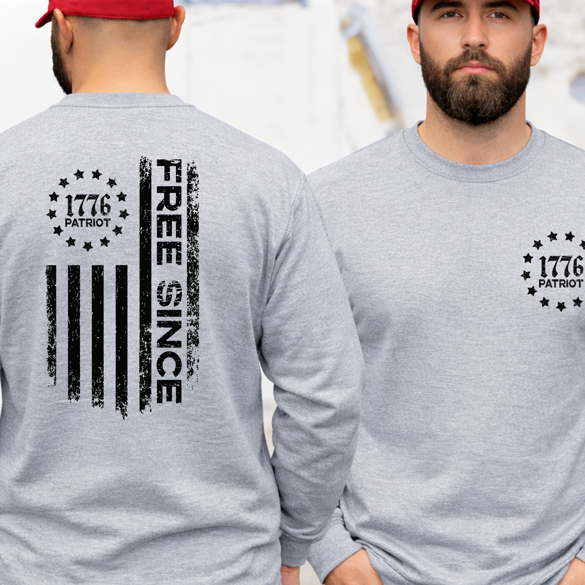 Heather gray men’s patriotic sweatshirt with distressed American flag and Free Since text