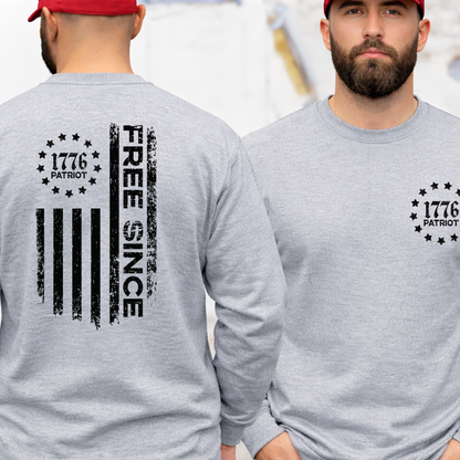 Heather gray men’s patriotic sweatshirt with distressed American flag and Free Since text