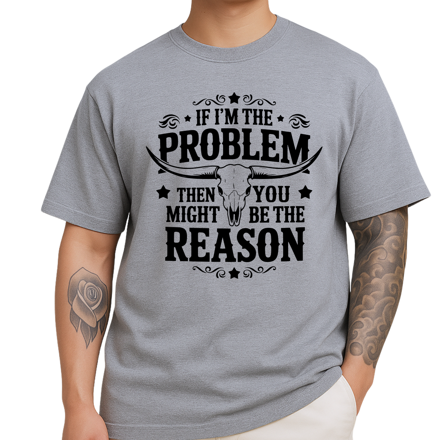 Heather gray men’s shirt with strong black lettering and steer skull print

