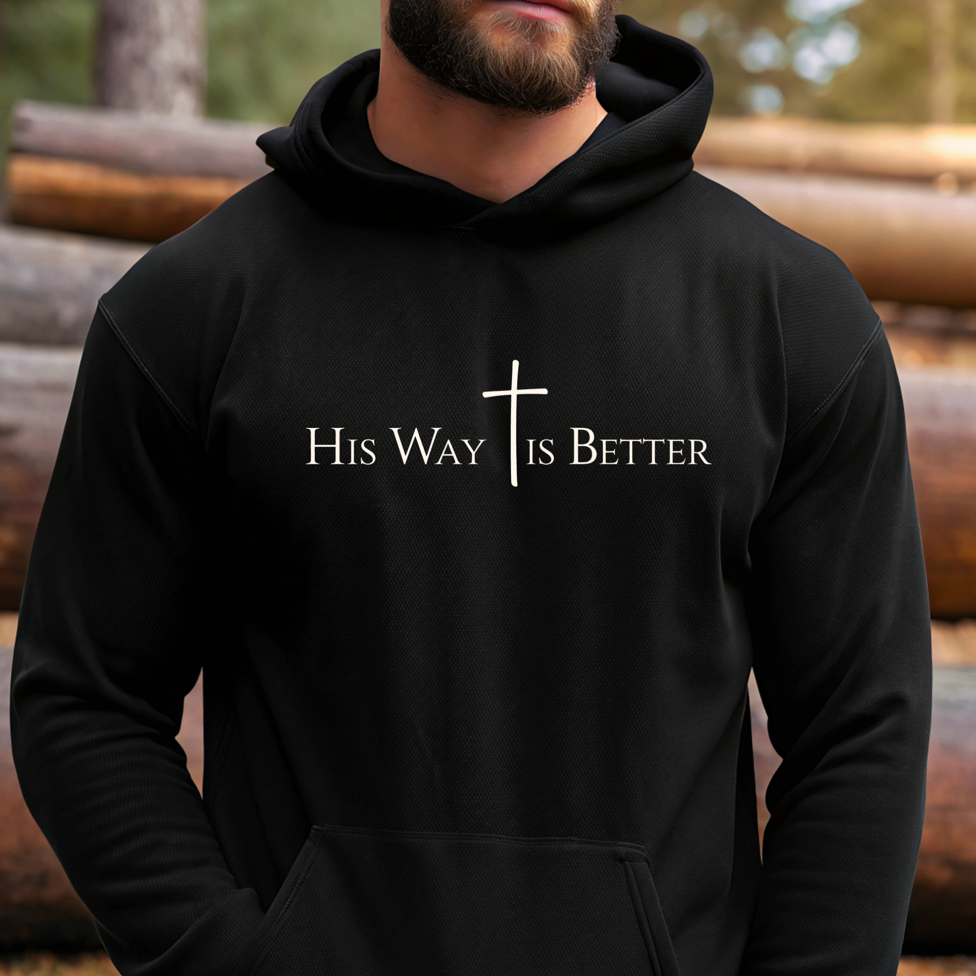 Black hoodie with Christian cross and text “His Way Is Better” – faith apparel for men