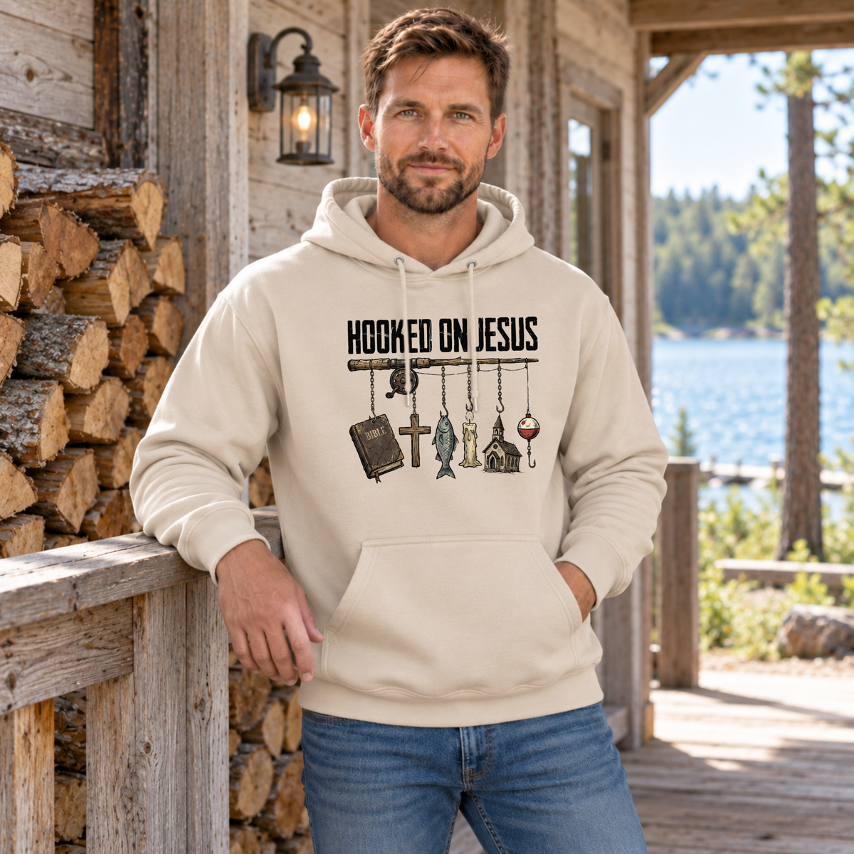 Man wearing a sand Hooked on Jesus hoodie beside stacked firewood at a lakeside cabin.