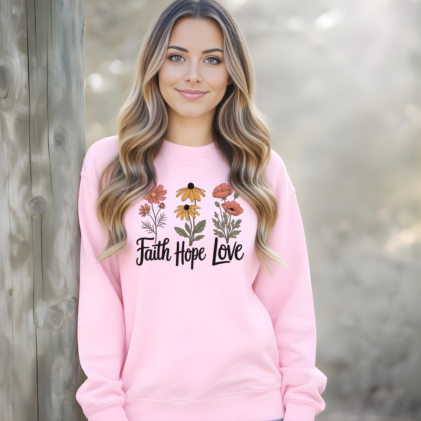 Faith Hope Love floral pink sweatshirt model

