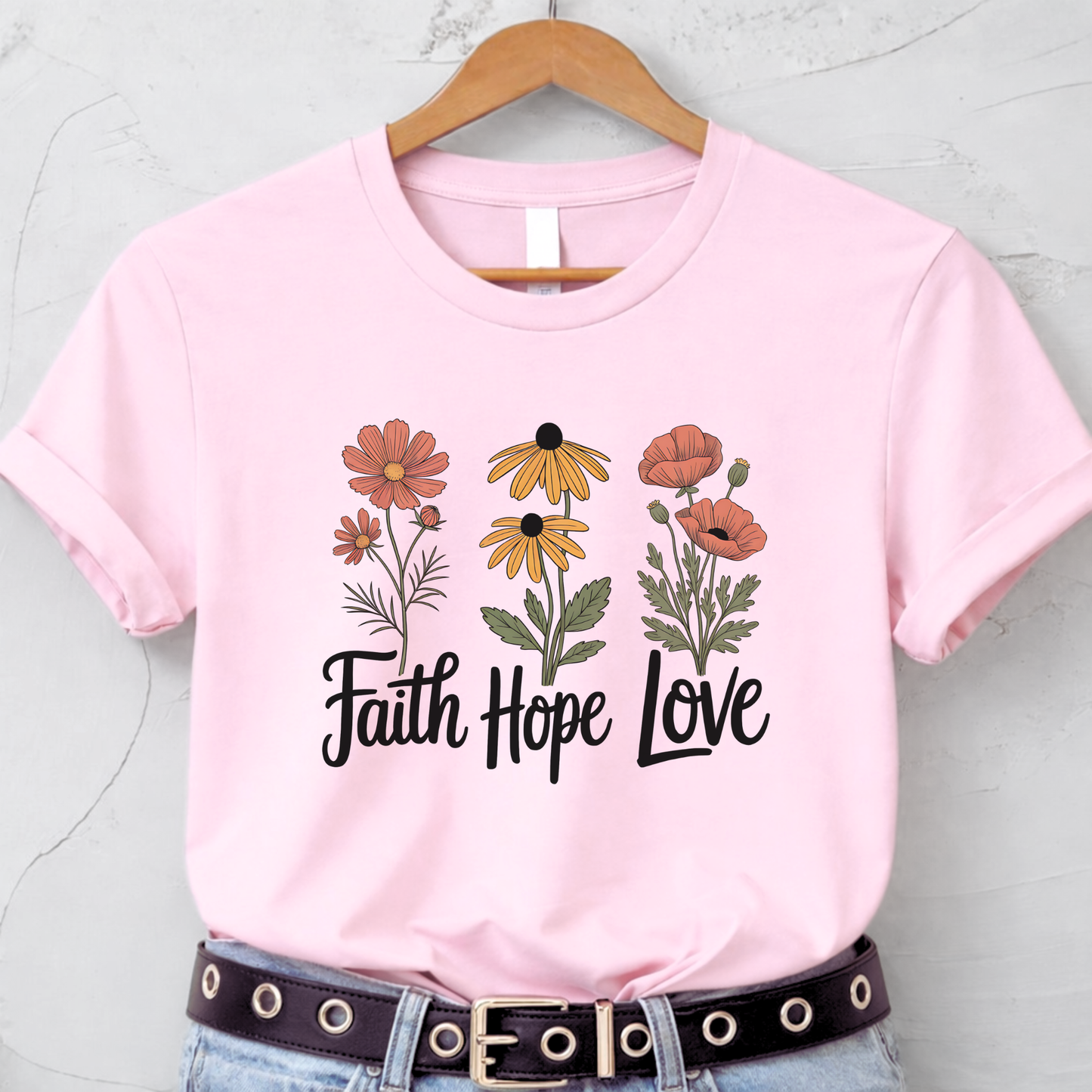 Faith Hope Love floral pink t-shirt flat lay