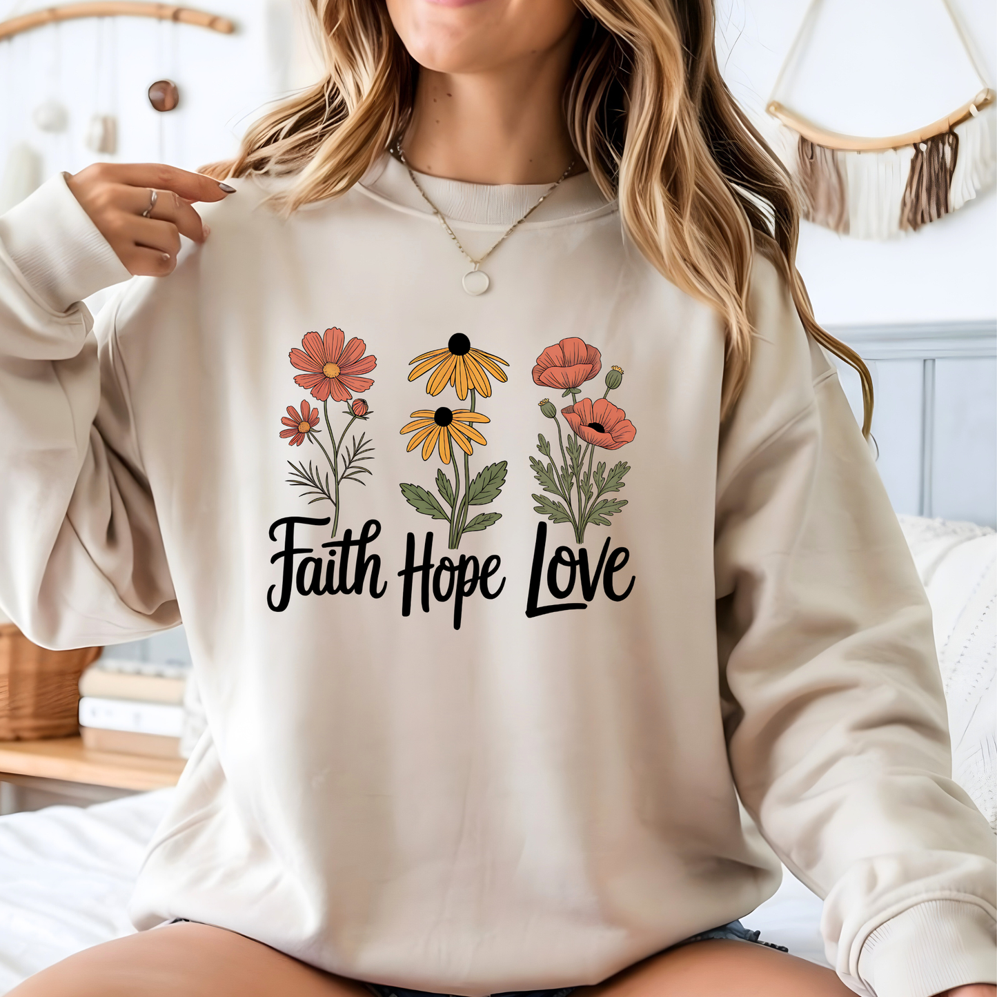 Faith Hope Love floral sweatshirt on model
