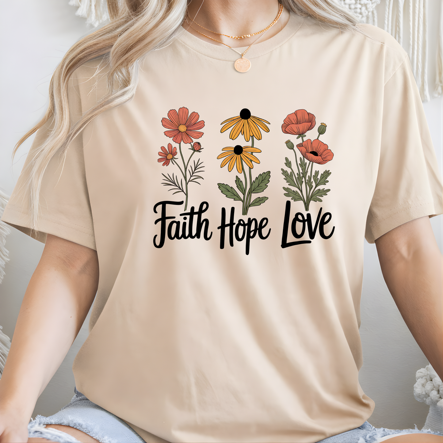 Faith Hope Love floral t-shirt close up