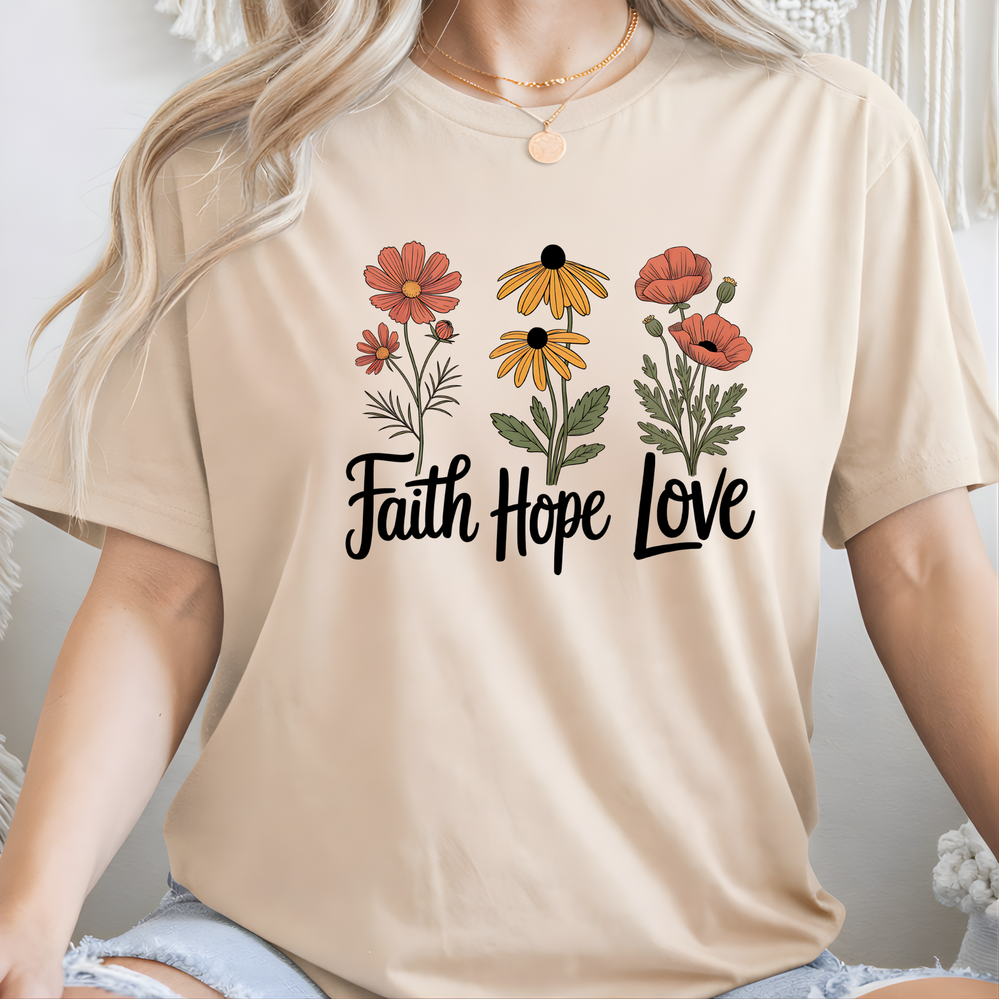 Faith Hope Love floral t-shirt close up