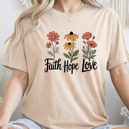 Faith Hope Love floral t-shirt close up