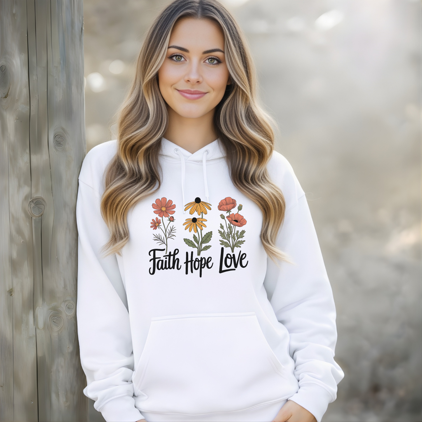 Faith Hope Love floral white hoodie model