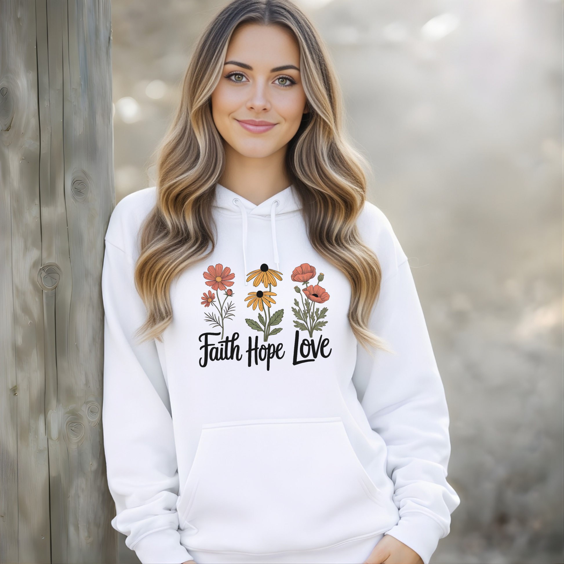Faith Hope Love floral white hoodie model