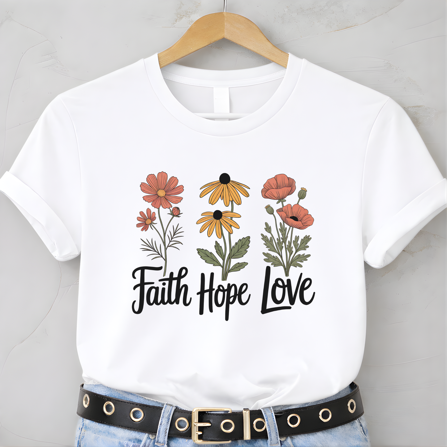 White t-shirt with floral design and 'Faith Hope Love' text on a hanger.
