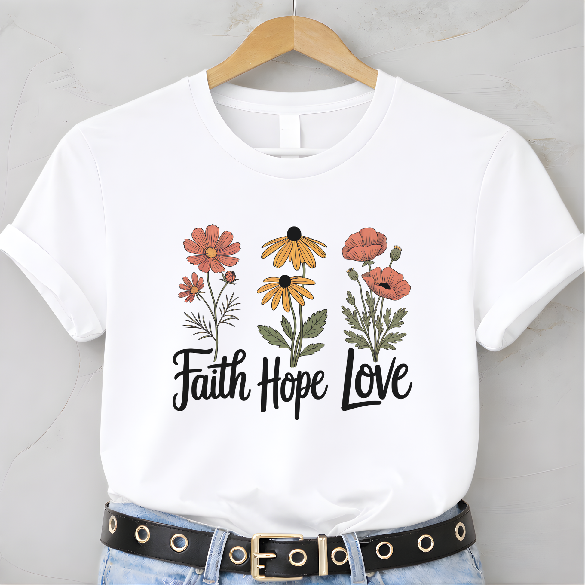 White t-shirt with floral design and 'Faith Hope Love' text on a hanger.