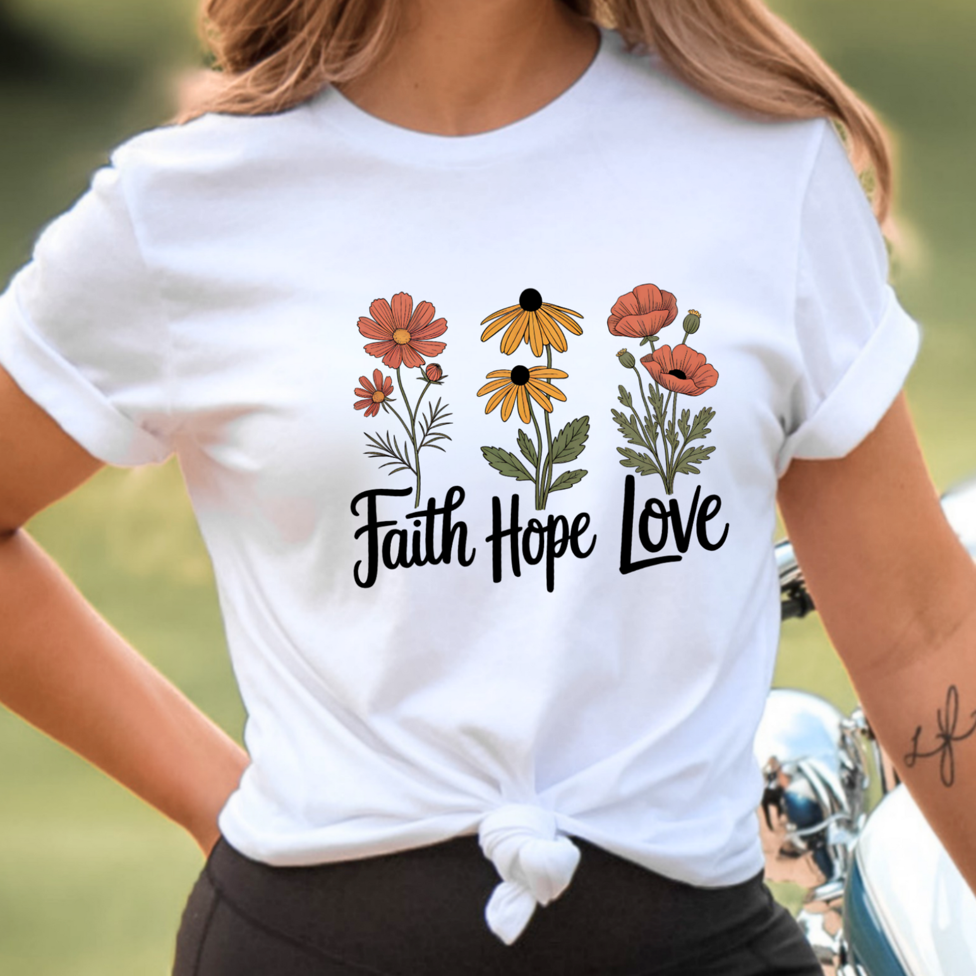 Faith Hope Love floral white t-shirt lifestyle