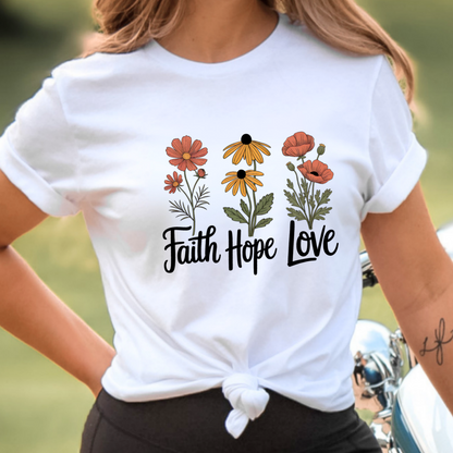 Faith Hope Love floral white t-shirt lifestyle