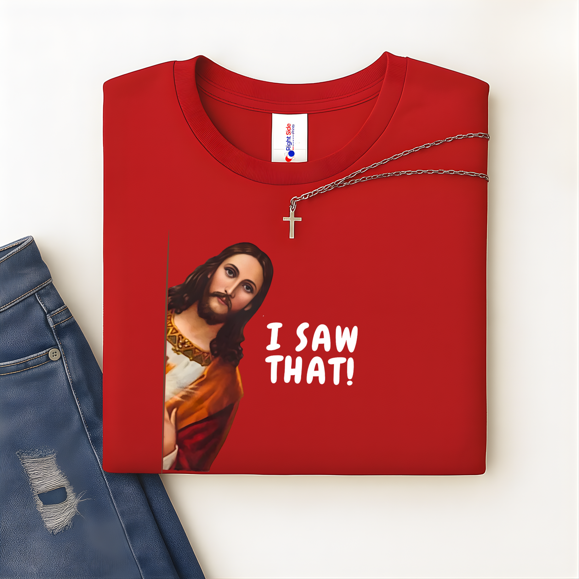 Red flatlay Tshirrt  with a graphic of a Jesus saying 'I SAW THAT!' text, paired with jeans and leaves on a light background.
