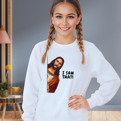 Woman wearing I Saw That funny Jesus graphic sweatshirt
