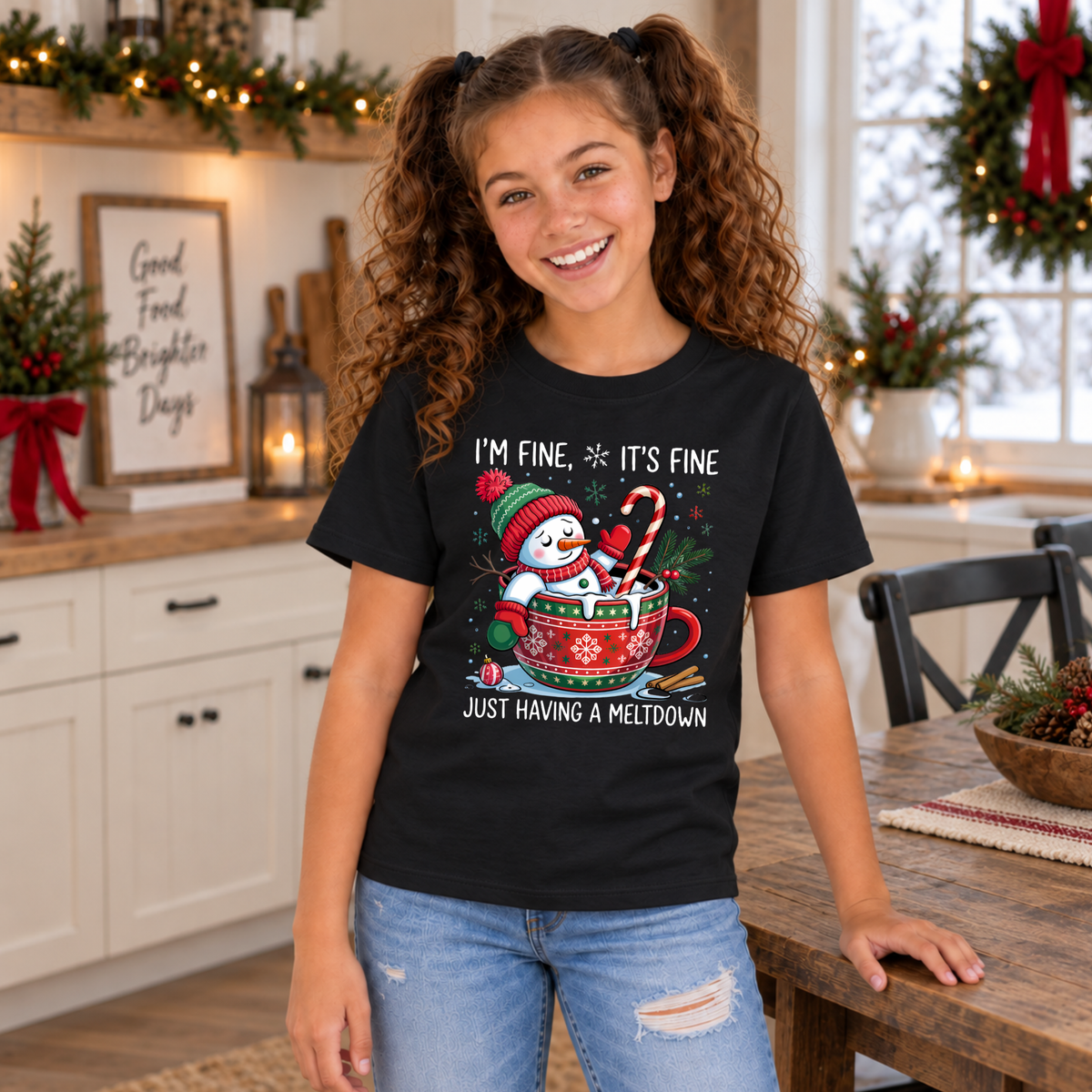 Girl wearing a black youth T-shirt with an I'm Fine It's Fine snowman meltdown Christmas design in a decorated kitchen