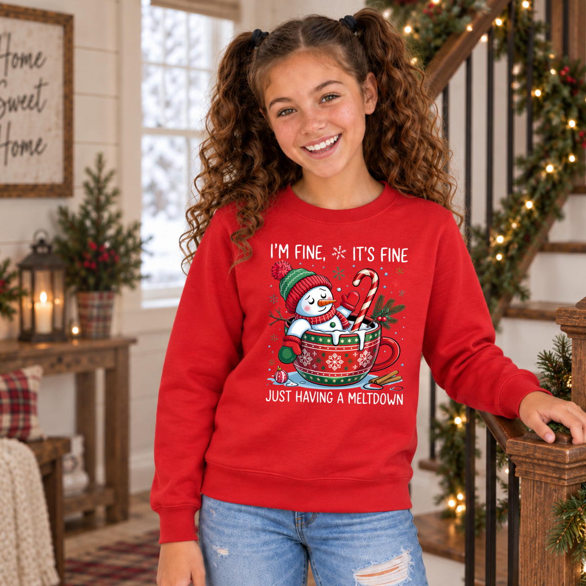 Girl wearing a red youth sweatshirt with an I'm Fine It's Fine snowman meltdown Christmas design in a festive home