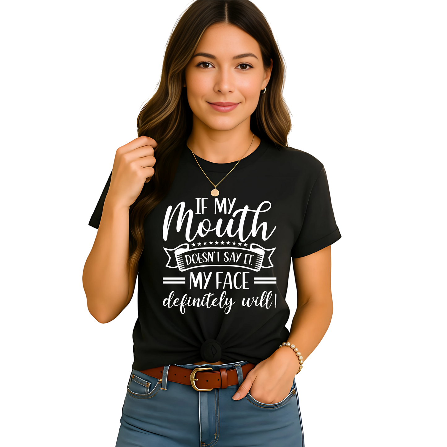 Woman in black graphic tee with funny mouth and face quote

