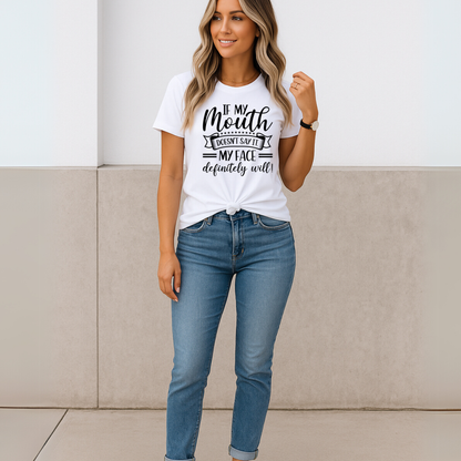 Full body view of woman wearing white quote shirt with jeans
