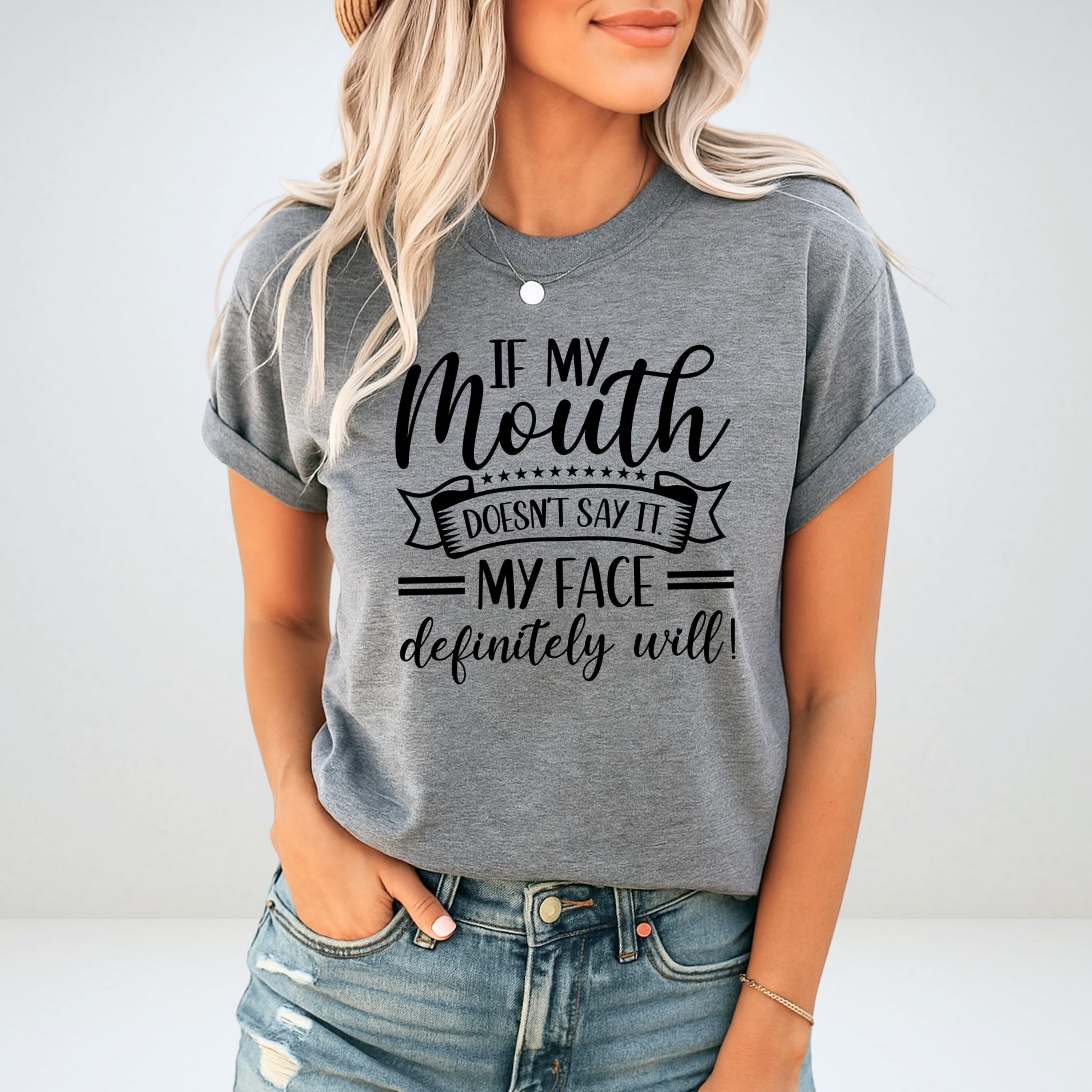 Blonde woman wearing heather gray shirt with bold typography

