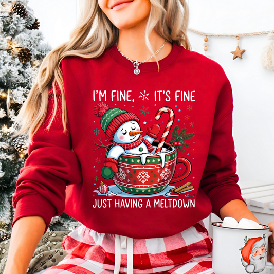 Red Christmas sweatshirt with festive mug and candy cane design