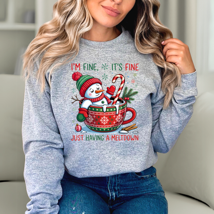 Sports gray sweatshirt featuring melting snowman in red holiday mug with candy cane