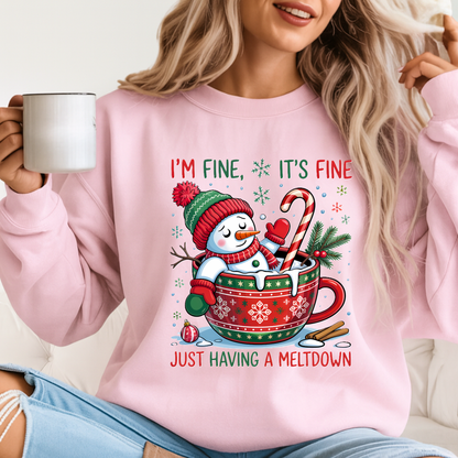 Light pink Christmas sweatshirt with funny snowman and cocoa cup design