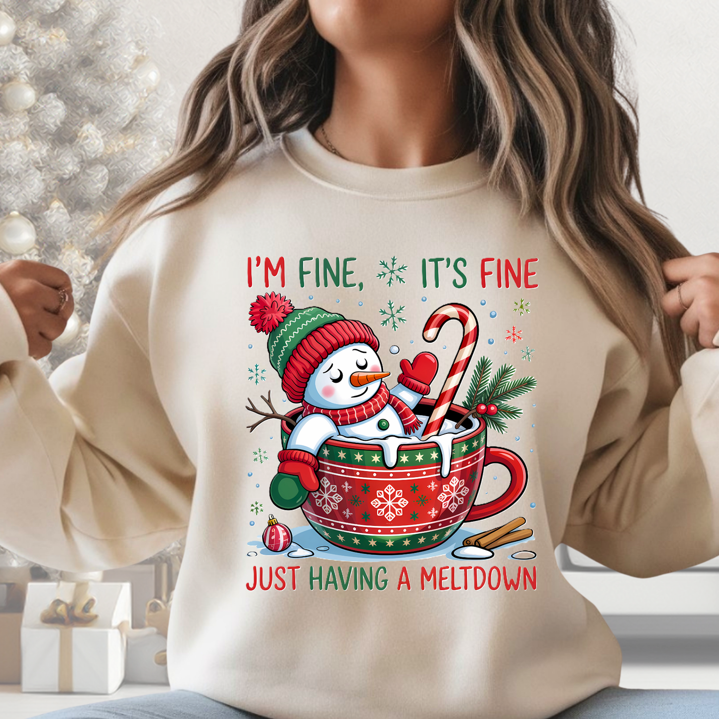Sand (beige) snowman sweatshirt – cute holiday meltdown theme