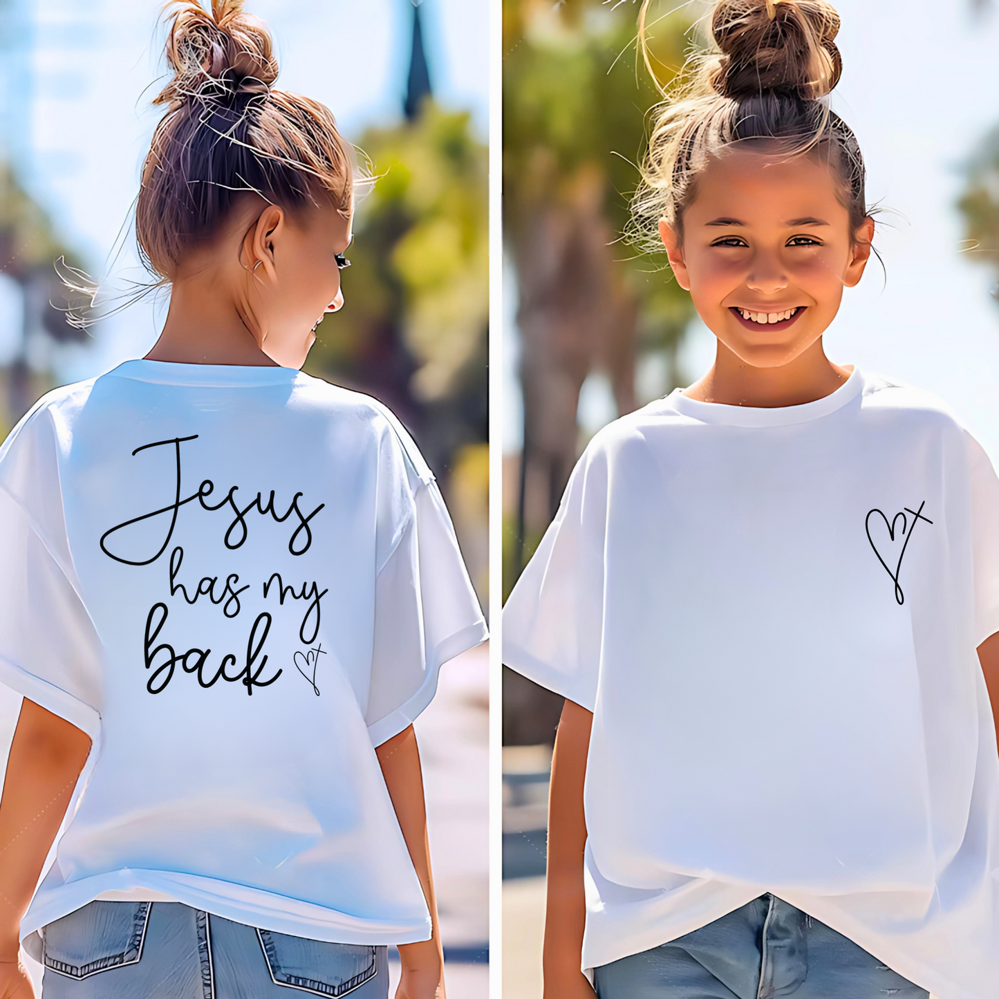 tween girl wearing a white t-shirt with 'Jesus has my back' text on the back, outdoors.
