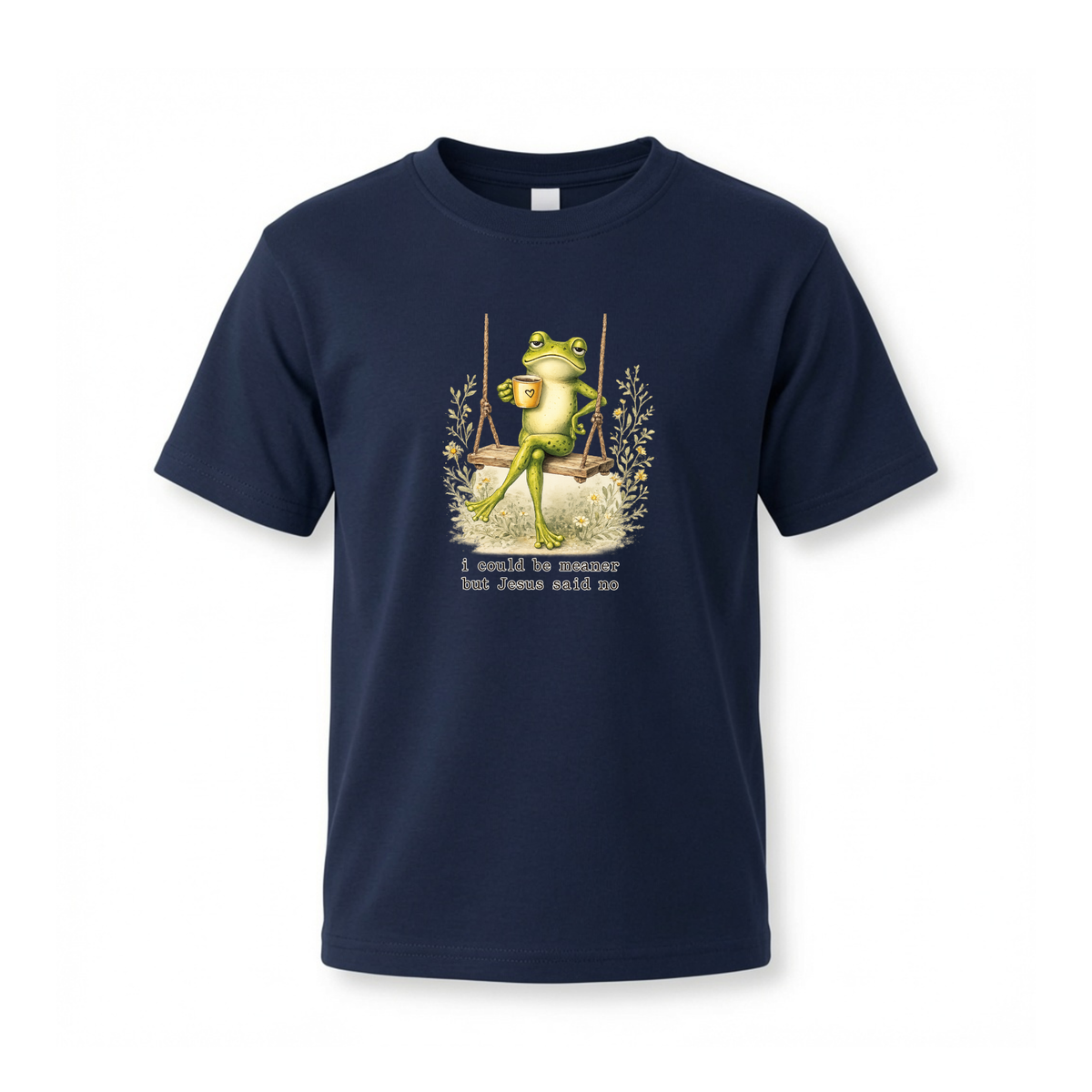 Navy youth T-shirt shown on a clean white background with the I Could Be Meaner But Jesus Said No frog-on-a-swing graphic.