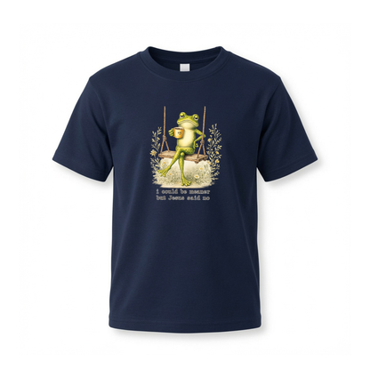 Navy youth T-shirt shown on a clean white background with the I Could Be Meaner But Jesus Said No frog-on-a-swing graphic.