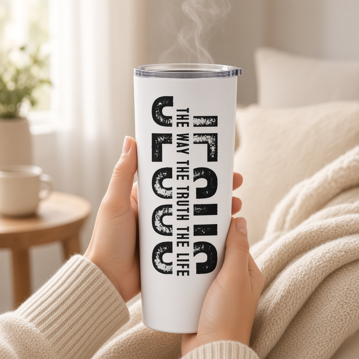 White 20 oz Jesus tumbler with ‘The Way The Truth The Life’ design being held in both hands in a cozy neutral setting.