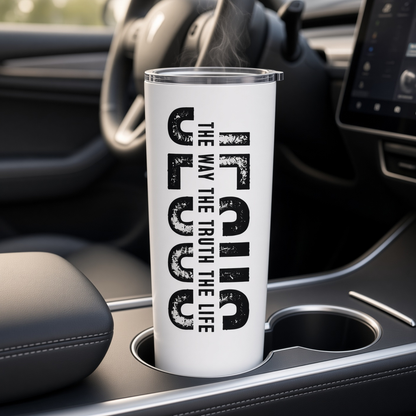 White 20 oz Jesus tumbler with ‘The Way The Truth The Life’ design shown in a vehicle cup holder.