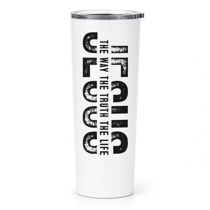 White 20 oz tumbler featuring a black Jesus design with the words ‘The Way The Truth The Life’ on a plain white background.