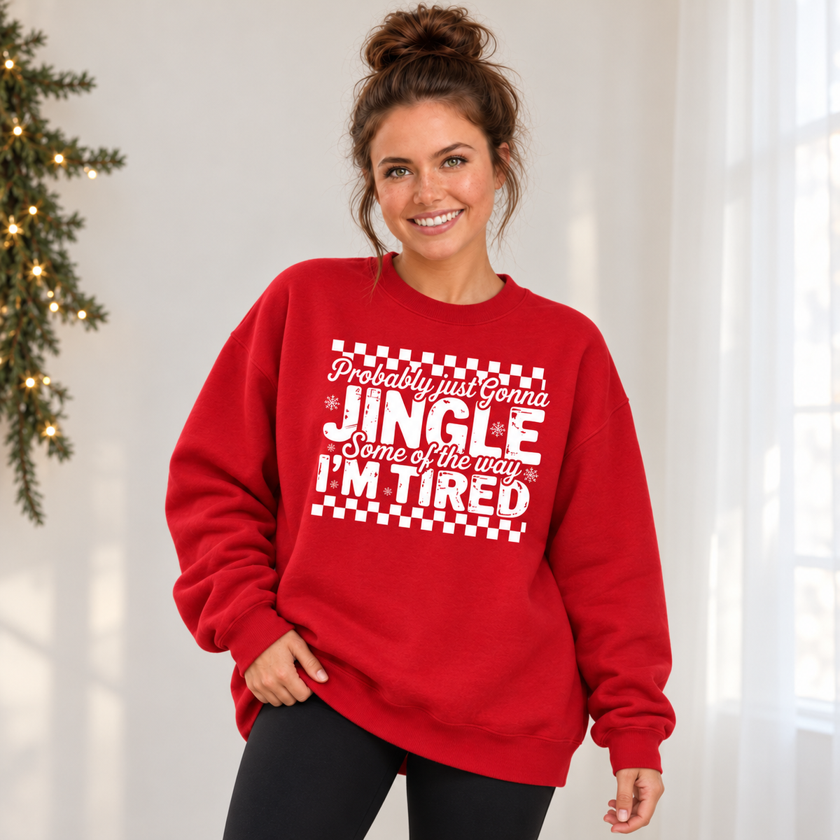 White Probably Just Gonna Jingle Some of the Way I'm Tired Christmas graphic shown on dark holiday apparel
