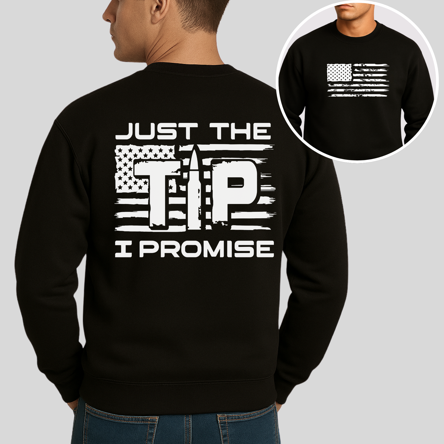 Black sweatshirt with white text and graphics on a gray background