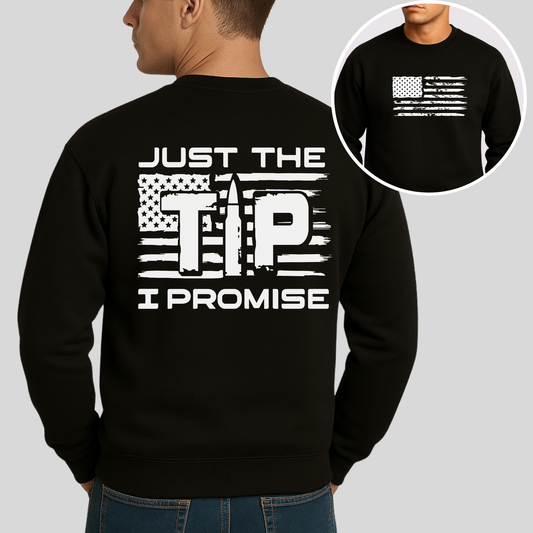 Black sweatshirt with white text and graphics on a gray background